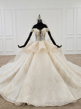 Champagne Ball Gown Tulle Sequins Off the Shoulder Appliques Beading Wedding Dress